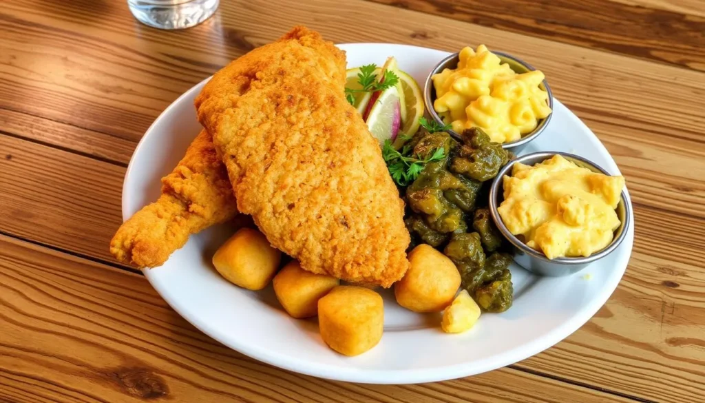 Southern cuisine plate with fried catfish, hushpuppies and sides at a Gadsden County restaurant Southern cuisine plate with fried catfish, hushpuppies and sides at a Gadsden County restaurant