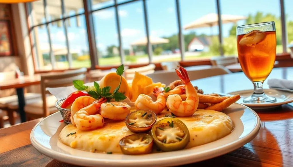 Southern cuisine platter with shrimp and grits in a Savannah restaurant