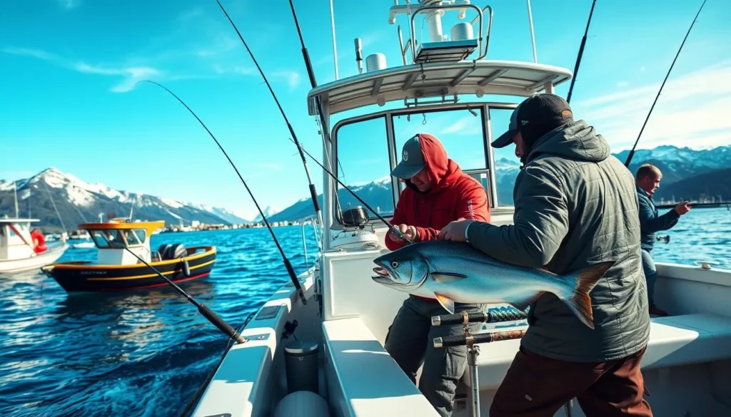 Sport fishing boat in Dutch Harbor with anglers catching salmon