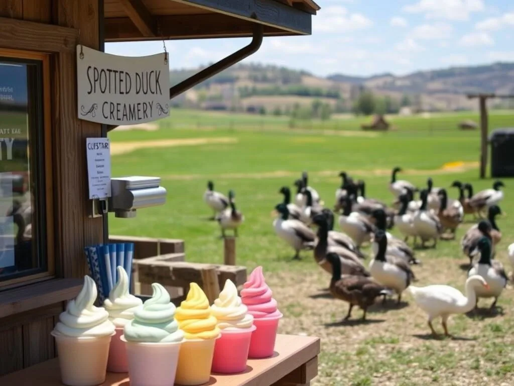 Spotted Duck Creamery in Yates County with custard samples and Ancona ducks in the background Spotted Duck Creamery in Yates County with custard samples and Ancona ducks in the background
