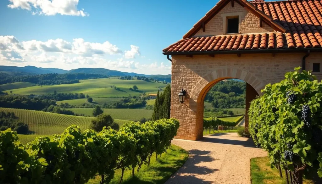 Sprawling vineyards with lush green vines cascading across gently rolling hills, framed by a clear blue sky dotted with fluffy white clouds. In the foreground, a winding path leads to a charming stone winery, its terracotta-tiled roof and weathered walls exuding a timeless elegance. Sunlight streams through the arched entryway, casting warm shadows and illuminating the verdant landscape beyond. Carefully pruned grape arbors line the perimeter, their heavy clusters of ripe, plump grapes glistening under the golden afternoon light. The scene evokes a sense of tranquility and the rich winemaking heritage of the Bordeaux region.