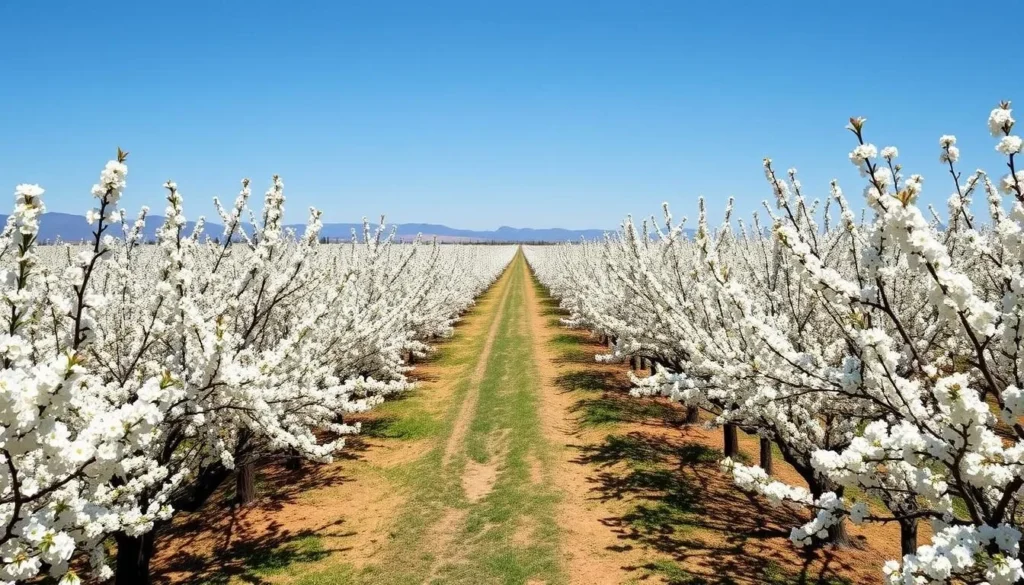 Spring blooming almond orchards in Kings County California with white blossoms Spring blooming almond orchards in Kings County California with white blossoms