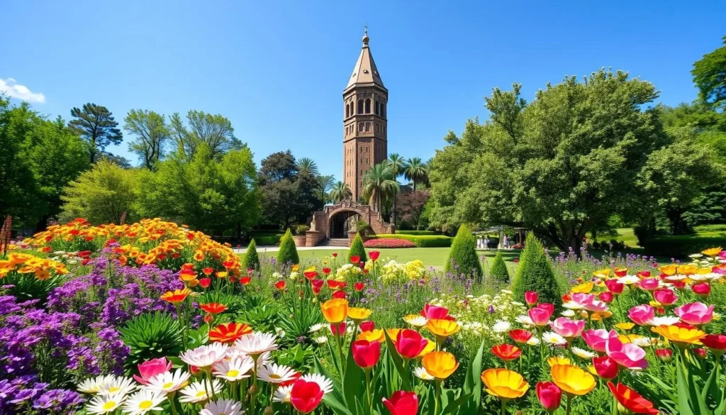 Spring blooms at Bok Tower Gardens in Polk County Florida with the iconic singing tower in background
