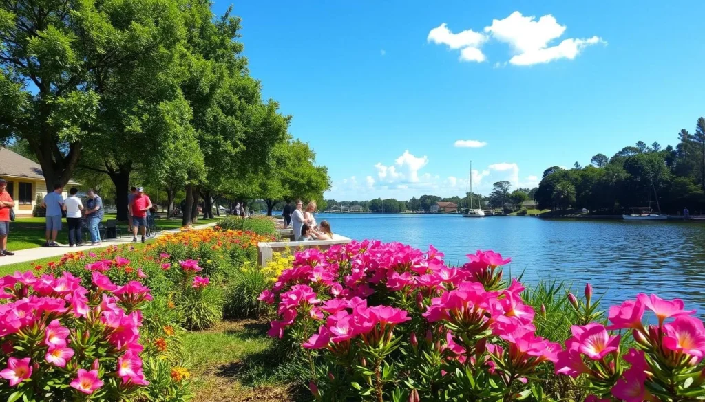 Spring flowers blooming along Lake Dora with people enjoying outdoor activities in perfect weather Spring flowers blooming along Lake Dora with people enjoying outdoor activities in perfect weather