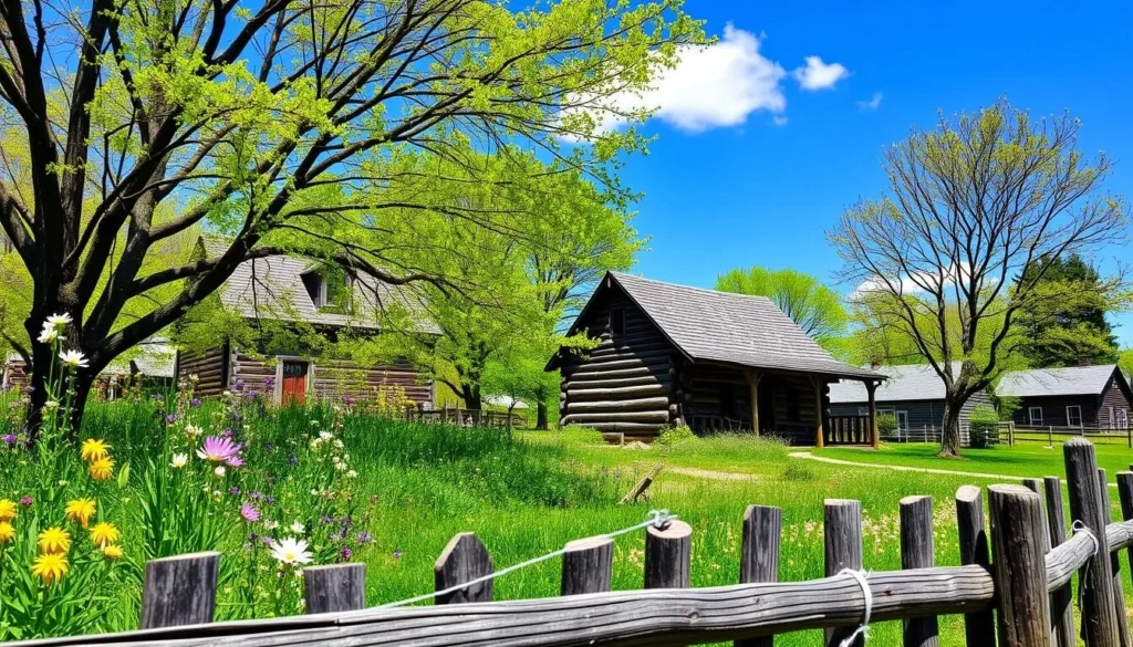 Spring flowers blooming around a log cabin at New Salem Historic Site Spring flowers blooming around a log cabin at New Salem Historic Site