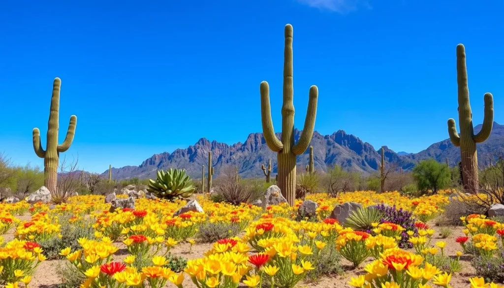 Spring wildflower bloom in Lost Dutchman State Park near Mesa Spring wildflower bloom in Lost Dutchman State Park near Mesa