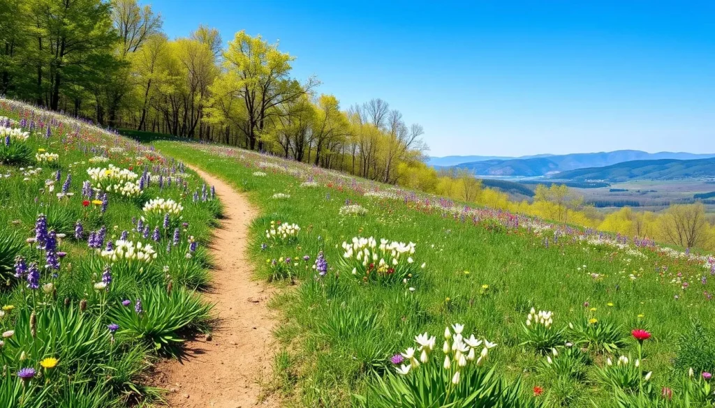 Spring wildflowers blooming along a hiking trail in Sullivan County New York