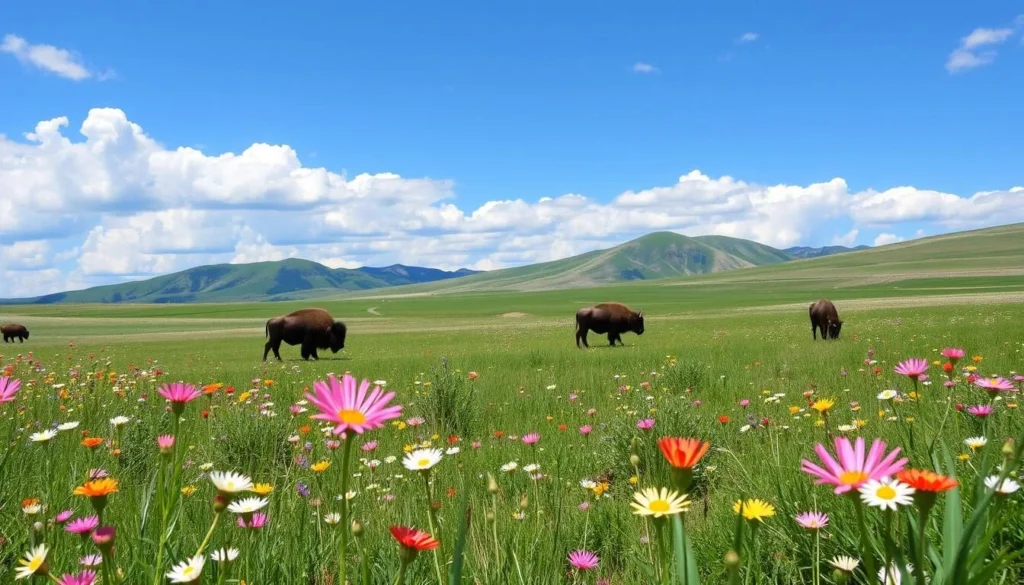 Spring wildflowers blooming in Custer State Park near Rapid City with bison grazing in the distance Spring wildflowers blooming in Custer State Park near Rapid City with bison grazing in the distance