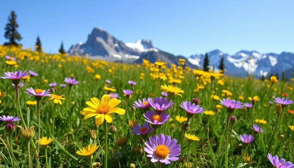 Spring wildflowers blooming in Mariposa County with Yosemite peaks in the background Spring wildflowers blooming in Mariposa County with Yosemite peaks in the background