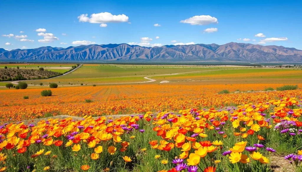 Spring wildflowers blooming in Riverside County California with mountains in background Spring wildflowers blooming in Riverside County California with mountains in background