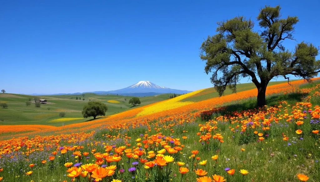 Spring wildflowers blooming in Tehama County with Mount Lassen visible in the background Spring wildflowers blooming in Tehama County with Mount Lassen visible in the background