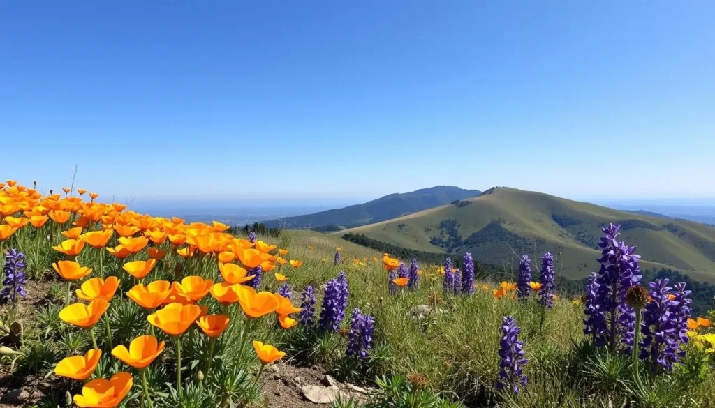 Spring wildflowers blooming on the slopes of Mount Diablo in Contra Costa County with clear blue skies Spring wildflowers blooming on the slopes of Mount Diablo in Contra Costa County with clear blue skies