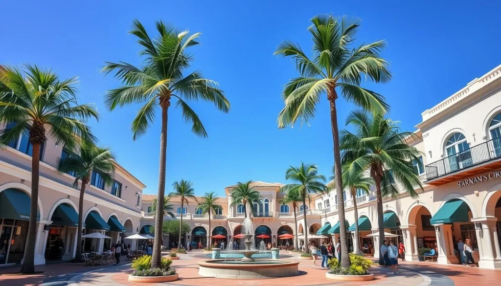 St. Armands Circle shopping district in Sarasota with palm trees and boutique storefronts St. Armands Circle shopping district in Sarasota with palm trees and boutique storefronts