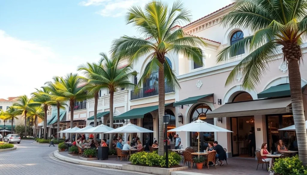 St. Armands Circle with its upscale shops, restaurants with outdoor seating, and tropical landscaping