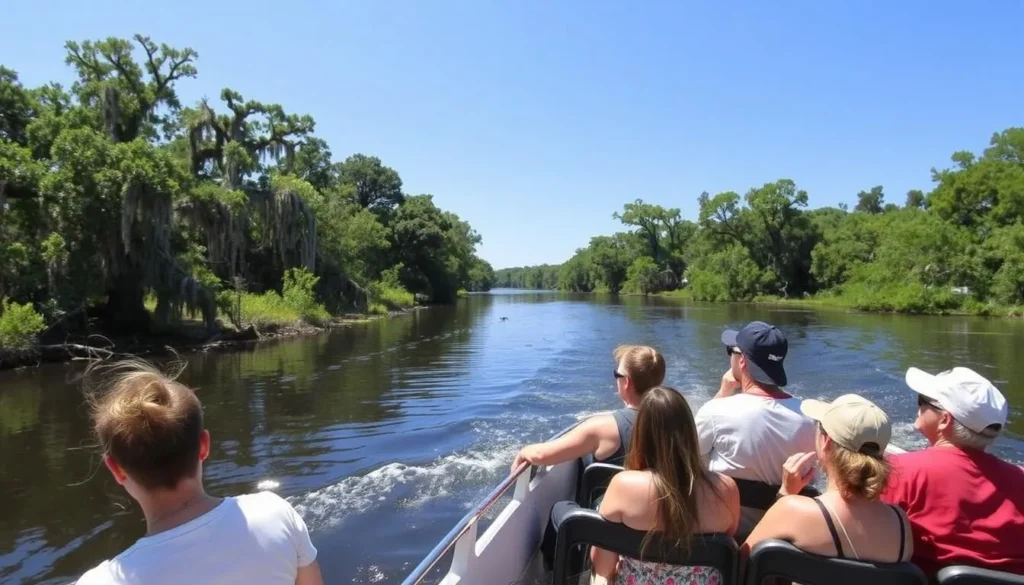 St. Johns River boat tour with passengers viewing wildlife and natural scenery St. Johns River boat tour with passengers viewing wildlife and natural scenery