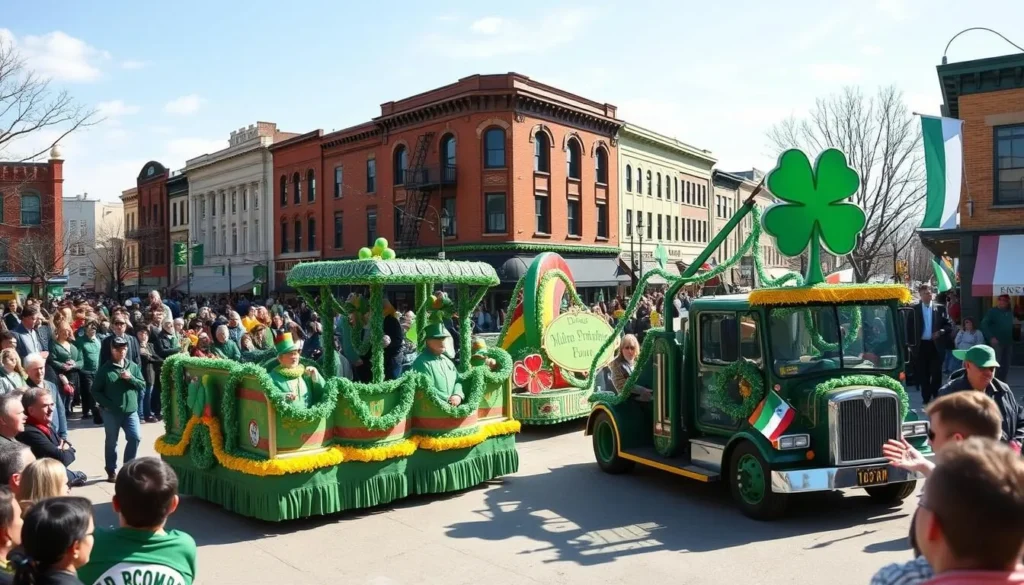 St. Patrick's Day Parade in downtown Dyersville with decorated floats and spectators