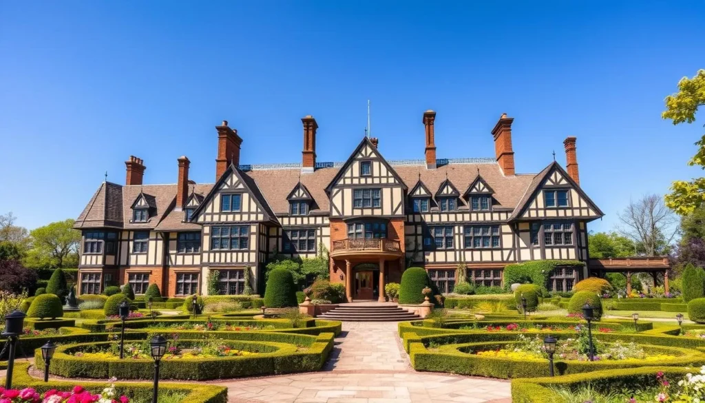 Stan Hywet Hall & Gardens in Akron, Ohio showing the Tudor Revival mansion and formal gardens Stan Hywet Hall & Gardens in Akron, Ohio showing the Tudor Revival mansion and formal gardens