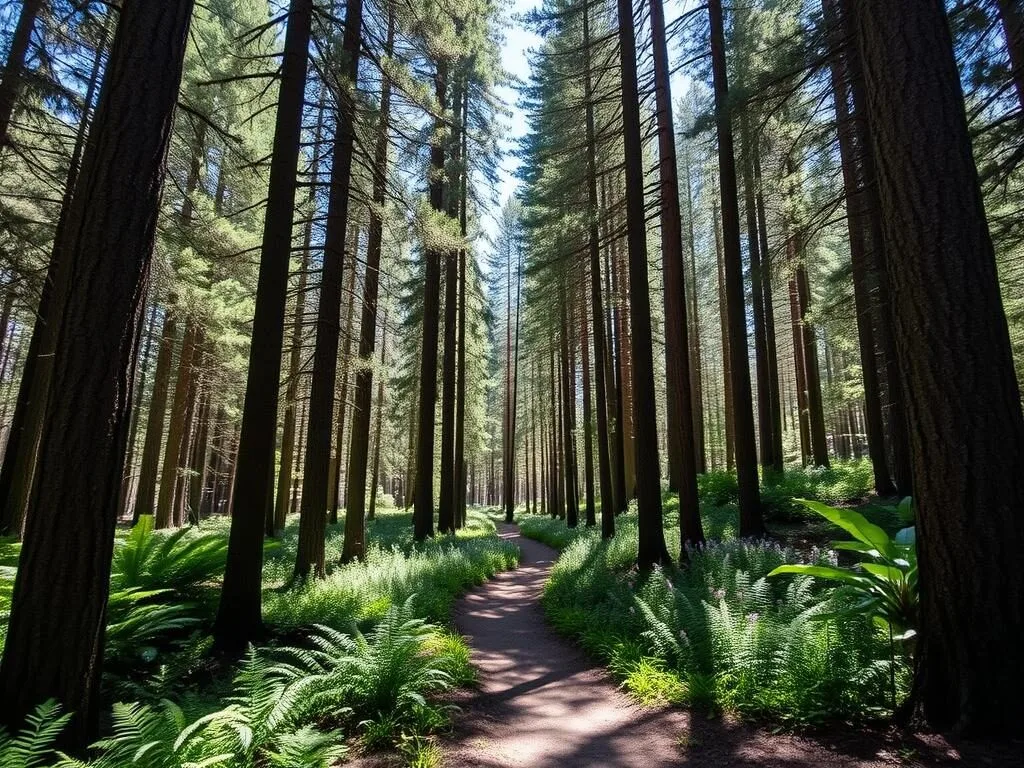 Stanislaus National Forest with tall pine trees and a hiking trail Stanislaus National Forest with tall pine trees and a hiking trail