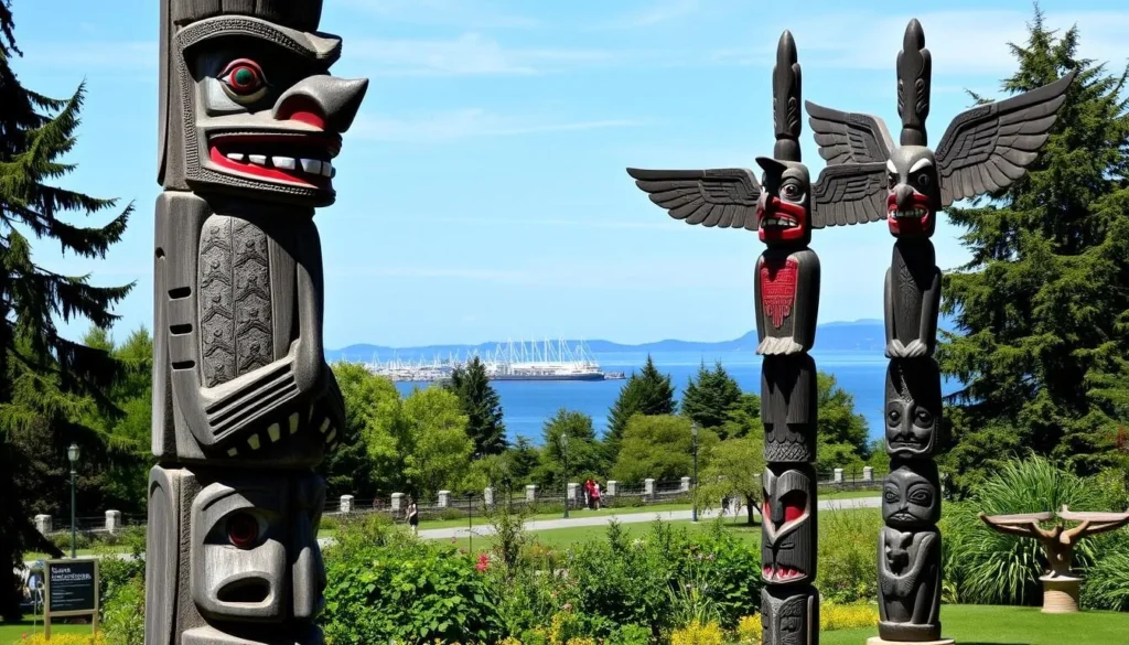 Stanley Park, Vancouver, with totem poles and a scenic seawall