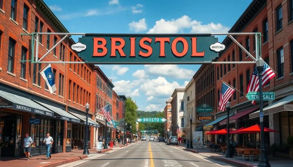 State Street in downtown Bristol showing the Tennessee-Virginia border running down the middle