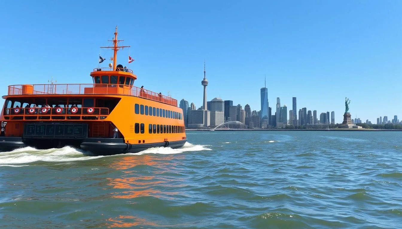Staten Island Ferry approaching Manhattan with the Statue of Liberty visible in the distance