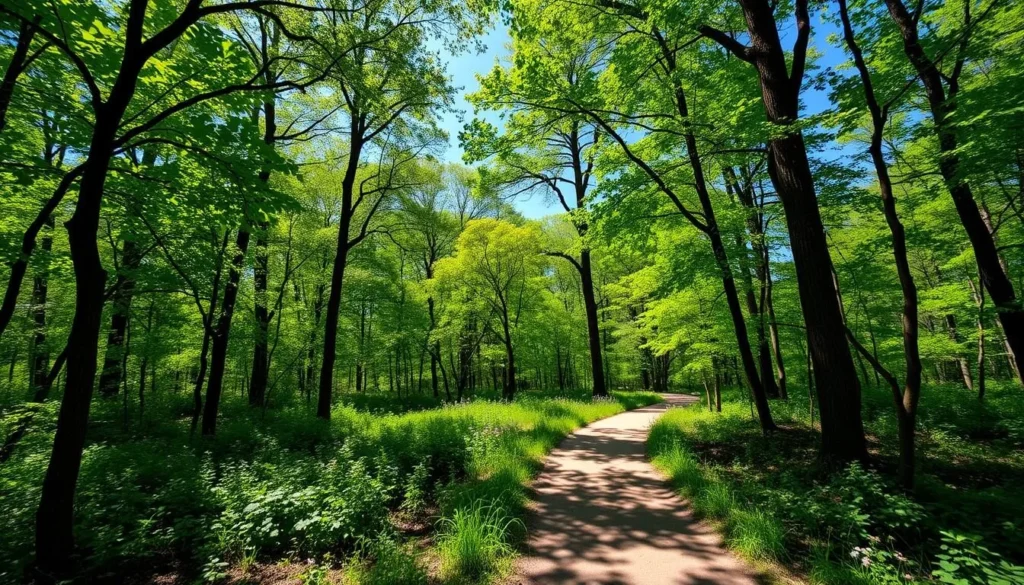Staten Island Greenbelt forest trail on a sunny day in Richmond County, New York Staten Island Greenbelt forest trail on a sunny day in Richmond County, New York