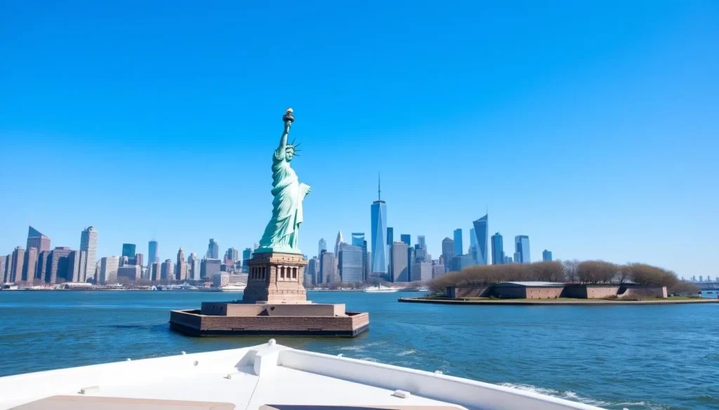 Statue of Liberty viewed from the ferry with Manhattan skyline in the background Statue of Liberty viewed from the ferry with Manhattan skyline in the background