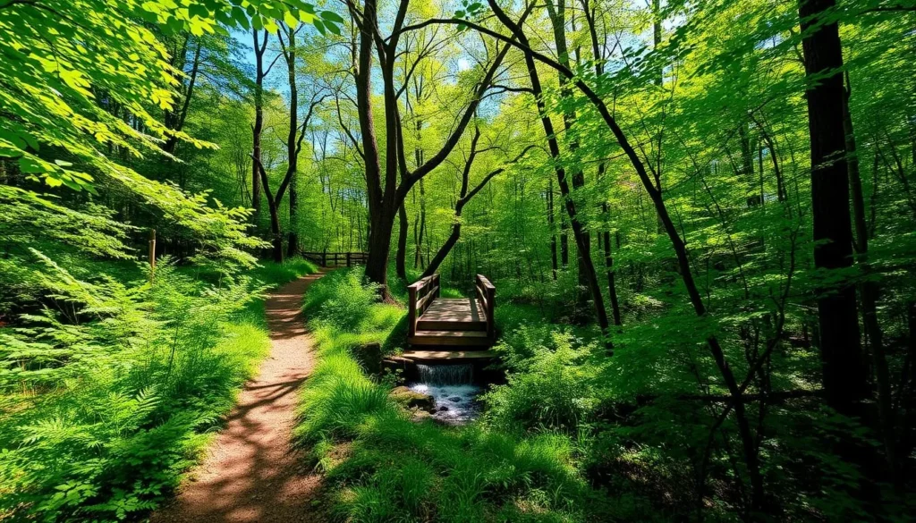 Steele Creek Park hiking trail through lush forest with a small waterfall