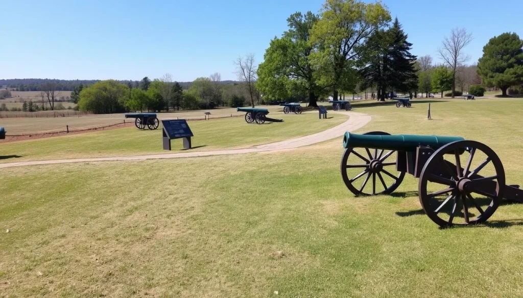 Stones River National Battlefield with cannons positioned on the battlefield and informational markers along walking paths Stones River National Battlefield with cannons positioned on the battlefield and informational markers along walking paths