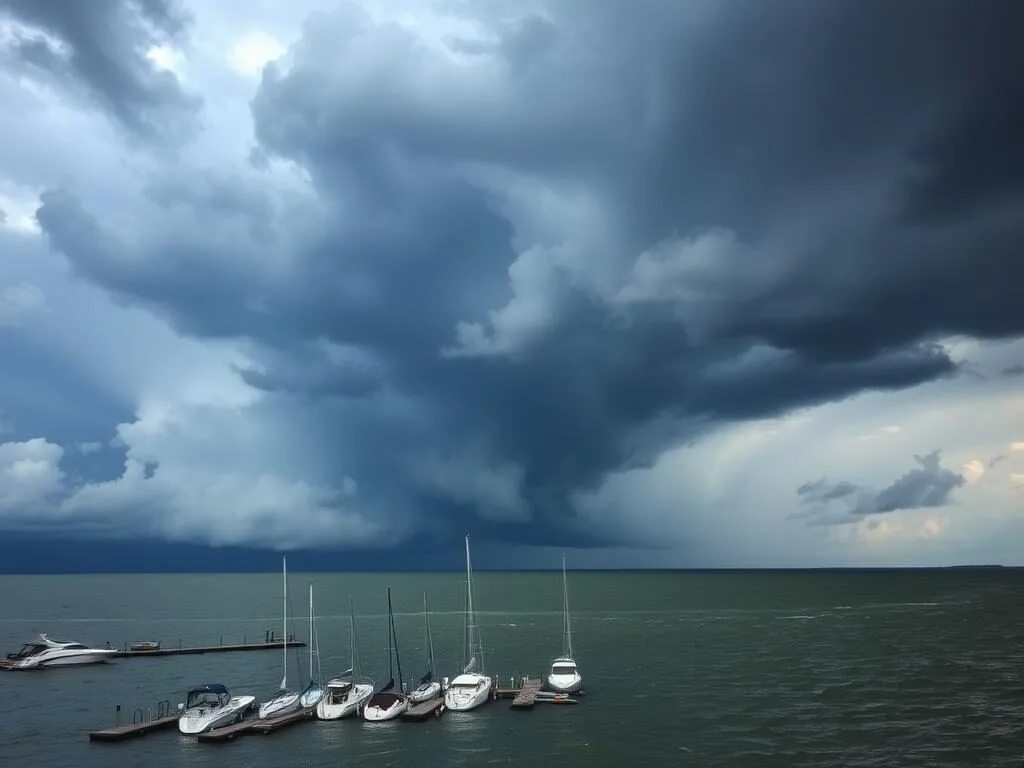 Storm clouds gathering over Lake Erie with Put-in-Bay harbor in foreground Storm clouds gathering over Lake Erie with Put-in-Bay harbor in foreground