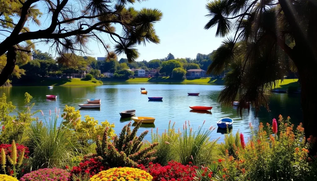 Stow Lake in Golden Gate Park with boats and surrounding landscape