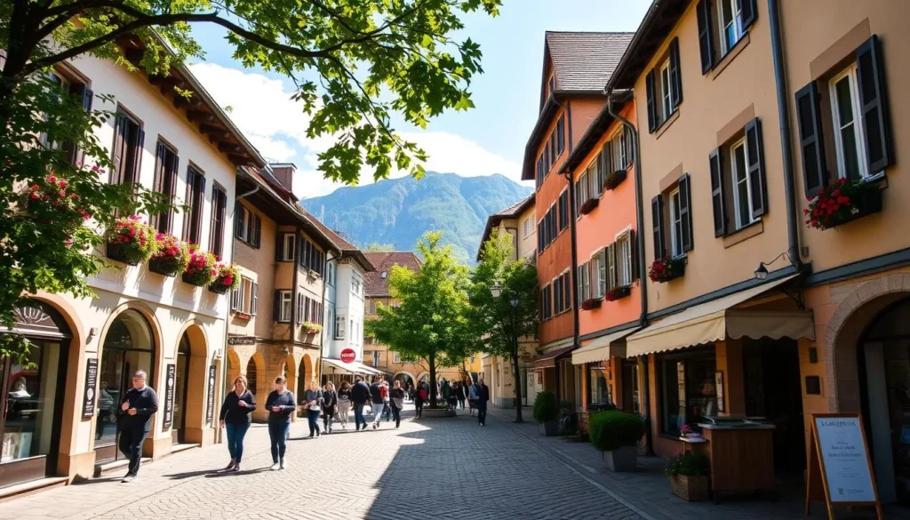 Stroll along the charming Obere Hauptgasse, a picturesque cobblestone street in the heart of Thun, Switzerland. Capture the warm, inviting atmosphere with quaint buildings featuring traditional Swiss architecture, adorned with colorful flower boxes and wooden shutters. Sunlight gently filters through the trees, casting a soft glow over the scene. In the foreground, pedestrians leisurely browse the local shops and cafes, while in the distance, the majestic Swiss Alps rise up, providing a stunning natural backdrop. Utilize a wide-angle lens to showcase the entire street, with a focus on the harmonious blend of historic and modern elements that make this charming neighborhood so captivating.