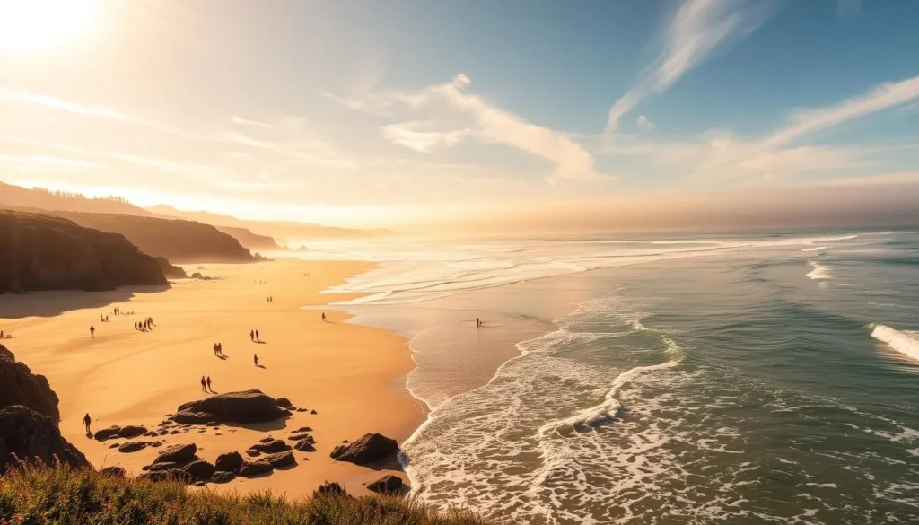 Stunning Cowell Ranch Beach on a sunny California day. Waves gently lapping the golden sand, surrounded by rugged cliffs and lush greenery. Beachgoers enjoying leisurely strolls, sunbathing, and swimming in the inviting waters. Capture the scene with a wide-angle lens, framing the expansive vista. Warm, golden sunlight filters through wispy clouds, casting a serene glow over the idyllic coastal landscape. Convey the tranquil, peaceful atmosphere of this picturesque beach retreat.