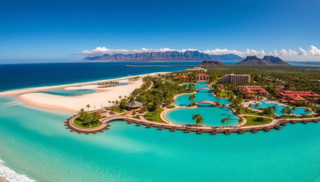 Stunning aerial view of the Ko Olina Lagoons on the sunny coast of Oahu, Hawaii. Serene turquoise waters gently lap against the pristine white sand beaches, surrounded by lush tropical foliage. In the foreground, a panoramic perspective showcases the intricate engineering and design of the interconnected lagoons, with graceful bridges and pathways leading visitors through the idyllic setting. The middle ground reveals the resort amenities, with palm-lined walkways and meticulously landscaped grounds. In the distance, the striking silhouettes of volcanic mountains rise against a clear, azure sky, creating a breathtaking natural backdrop. Warm, soft lighting and a sense of tranquility evoke the history and beauty of this renowned Hawaiian destination.