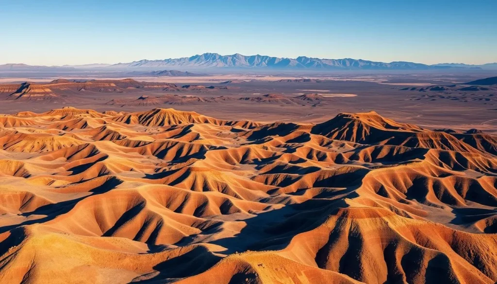 Stunning aerial view of the Volcanic Tablelands, a geological marvel in the heart of California's high desert. Rolling hills and expansive plateaus, carved by volcanic activity and wind erosion, creating a rugged, otherworldly landscape. The foreground features a patchwork of multicolored basalt formations, their sharp edges and rough textures casting dramatic shadows under the warm, golden light of a clear day. In the middle ground, the tablelands stretch out, revealing intricate patterns and textures in the rock, while the distant background is framed by majestic mountains, their peaks reaching towards the cloudless sky. Capture the grandeur and timeless beauty of this unique natural wonder.
