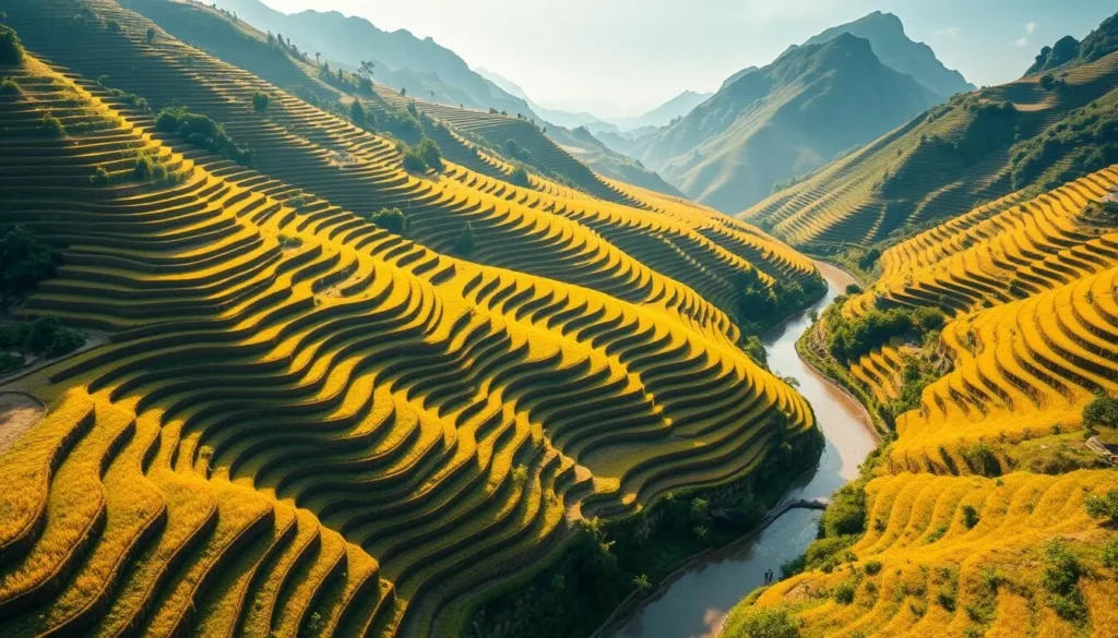 Stunning aerial view of the iconic Sapa rice terraces nestled in the lush, verdant hills of Vietnam. Gently cascading steps of golden paddy fields glisten in the warm, soft sunlight, creating a breathtaking landscape. Intricately carved into the mountainside, the terraces rise up towards the distant peaks, shrouded in wispy mist. In the foreground, a winding river cuts through the terraced landscape, its tranquil waters reflecting the natural beauty. Local farmers tend to the fields, their traditional conical hats and colorful clothing adding to the serene, timeless ambiance. Capture the essence of this iconic Vietnamese landmark, a true photographer's paradise.