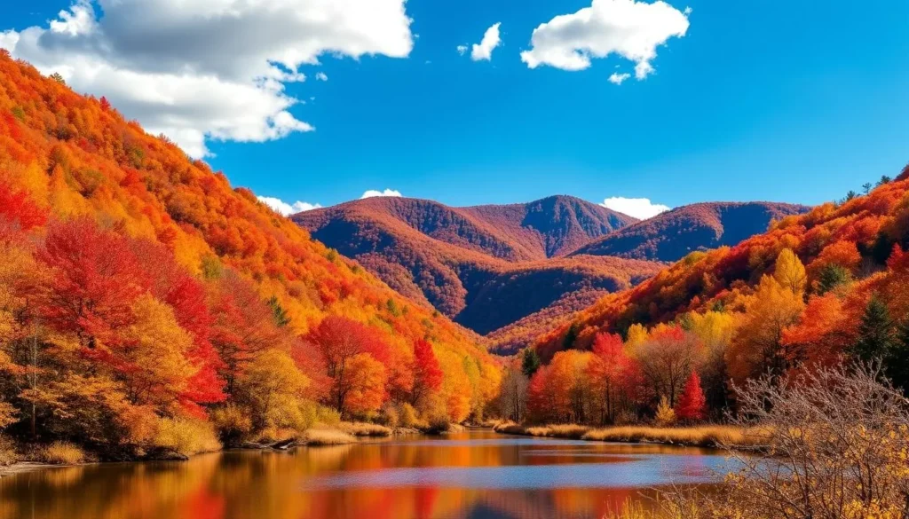 Stunning fall foliage in Sullivan County New York with vibrant red and orange trees