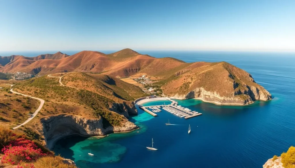 Stunning landscape of Catalina Island, California, emerges from the azure Pacific. Lush, rolling hills dotted with vibrant flora and rugged, sun-drenched cliffs plunge into crystalline waters. Boats gently sway in the harbor, while trails wind through scenic canyons. Warm, golden light bathes the scene, capturing the island's natural beauty and tranquil atmosphere. A wide-angle lens showcases the diverse geography, from the mountainous interior to the picturesque coastline. This idyllic setting invites exploration and discovery, perfectly reflecting the spirit of "Discovering Santa Catalina Island."