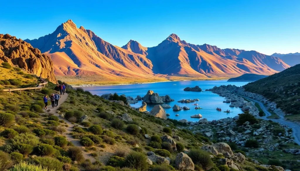 Stunning landscape of the Peninsular Ranges in California, showcasing its diverse outdoor activities. A rugged mountain range in the foreground, with hikers traversing trails amid lush vegetation. In the middle ground, a serene lake surrounded by boulders, with kayakers and paddleboarders enjoying the calm waters. The background features towering peaks, bathed in warm, golden sunlight, creating a picturesque and inviting atmosphere. Capture the beauty and tranquility of this natural wonder, perfect for the adventurous spirit.