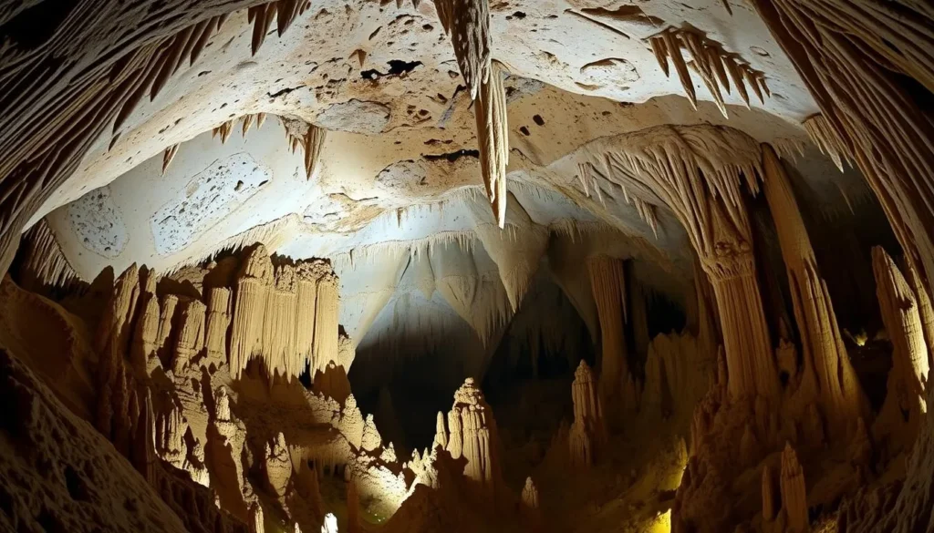 Stunning panoramic view of stalactites and stalagmites in Carlsbad Caverns National Park with dramatic lighting Stunning panoramic view of stalactites and stalagmites in Carlsbad Caverns National Park with dramatic lighting