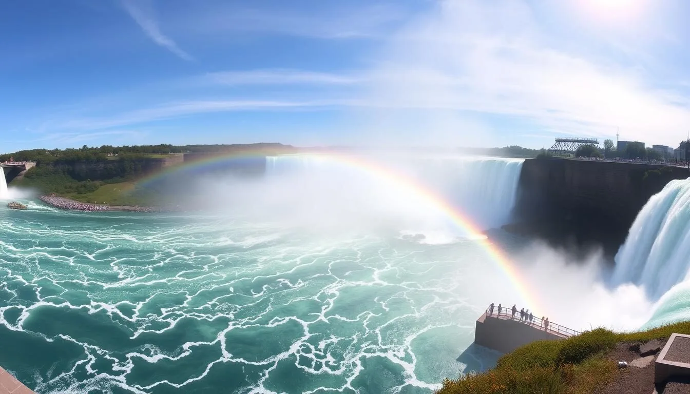 Stunning view of Niagara Falls with rainbow in the mist, showcasing the natural wonder that attracts millions to Niagara County, New York