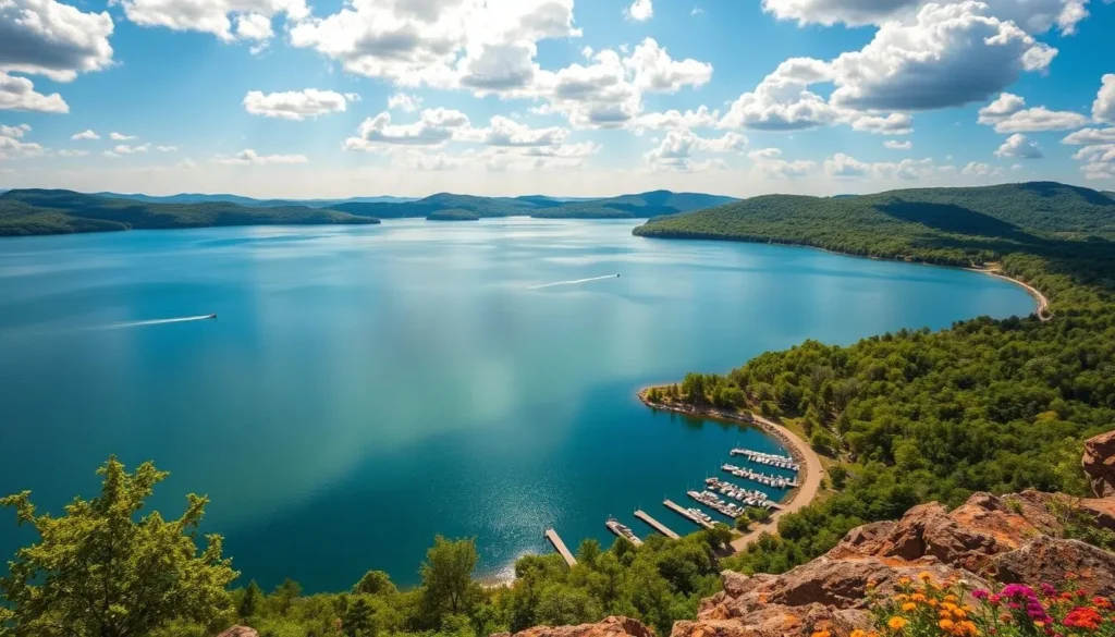 Stunning vista of Table Rock Lake in Missouri, nestled amidst lush, rolling hills. Capture the crystal-clear waters reflecting the azure sky, dotted with fluffy white clouds. Showcase the rugged shoreline, lined with verdant trees and colorful wildflowers. Position the camera to showcase the picturesque boat docks and piers, inviting visitors to explore this natural wonder. Bathe the scene in warm, golden sunlight, conveying a serene, tranquil atmosphere. Employ a wide-angle lens to emphasize the expansive, serene landscape. Avoid any manmade structures or human presence, allowing the beauty of the lake to shine.