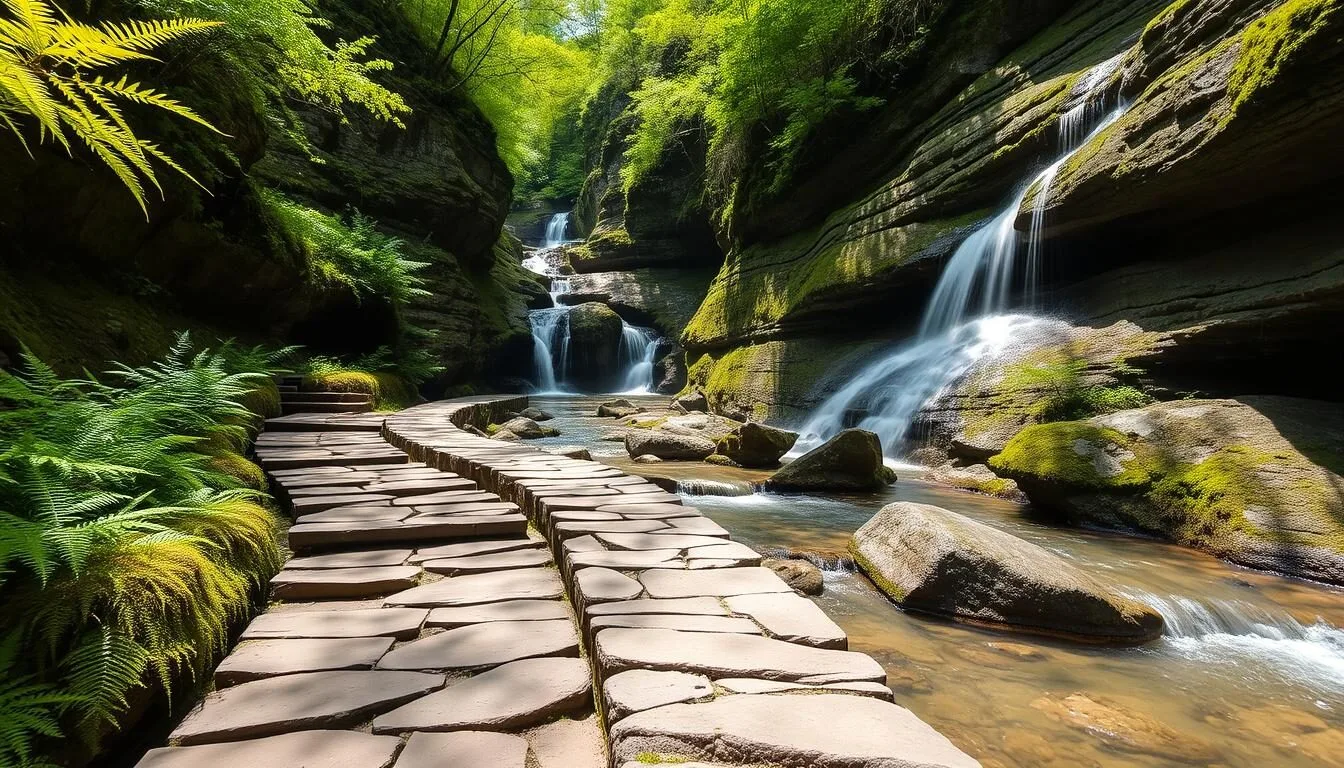 Stunning waterfalls and stone pathways at Watkins Glen State Park in Schuyler County, New York