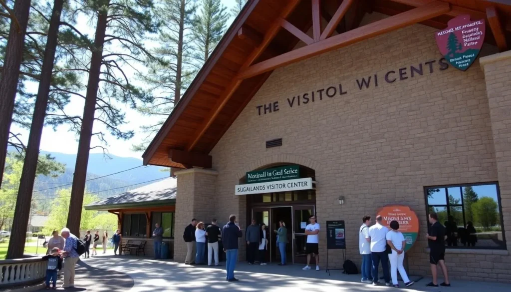 Sugarlands Visitor Center in Great Smoky Mountains National Park with tourists getting information Sugarlands Visitor Center in Great Smoky Mountains National Park with tourists getting information