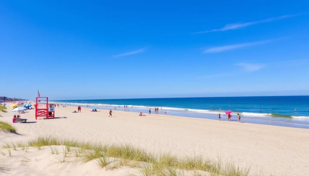 Summer beach scene at Delaware Seashore State Park with lifeguard stand and beachgoers enjoying the sun Summer beach scene at Delaware Seashore State Park with lifeguard stand and beachgoers enjoying the sun