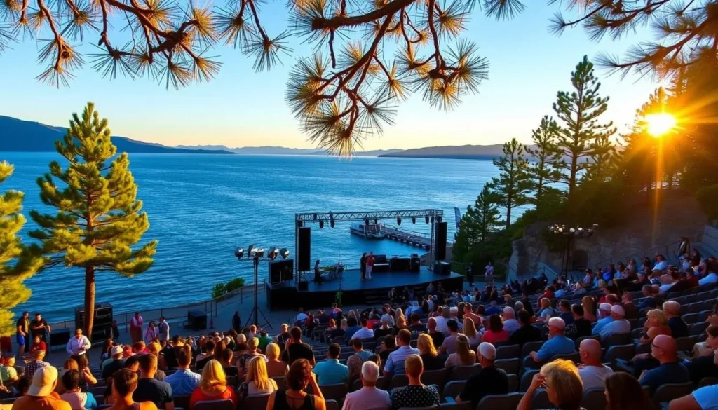 Summer concert at Lake Tahoe Shakespeare Festival with stage setup and audience enjoying the performance Summer concert at Lake Tahoe Shakespeare Festival with stage setup and audience enjoying the performance