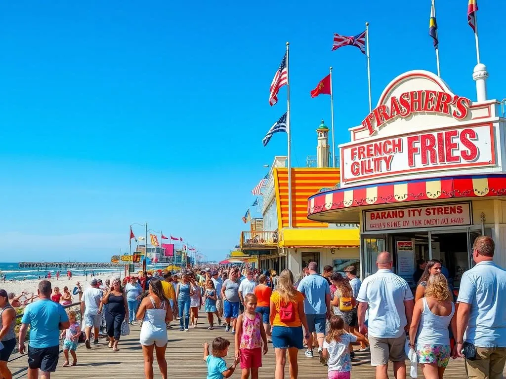 Summer crowd enjoying Ocean City boardwalk with Thrasher's Fries stand visible Summer crowd enjoying Ocean City boardwalk with Thrasher's Fries stand visible