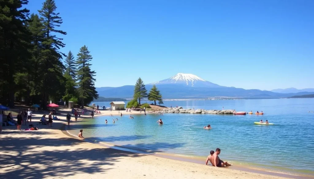 Summer day at Lake Siskiyou with beach activities and Mount Shasta in the background, a popular Siskiyou County California destination Summer day at Lake Siskiyou with beach activities and Mount Shasta in the background, a popular Siskiyou County California destination
