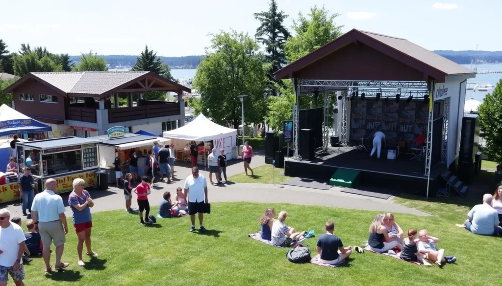Summer festival at Marina Park in Kirkland Washington with people enjoying outdoor activities Summer festival at Marina Park in Kirkland Washington with people enjoying outdoor activities