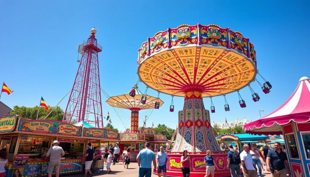 Summer festival scene at the Alameda County Fair with rides and attractions Summer festival scene at the Alameda County Fair with rides and attractions